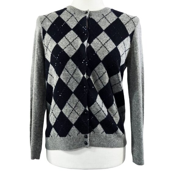 J. Crew Wool Cashmere Gray Navy Blue Argyle Diamond Plaid Button-Up Cardigan - Picture 1 of 7